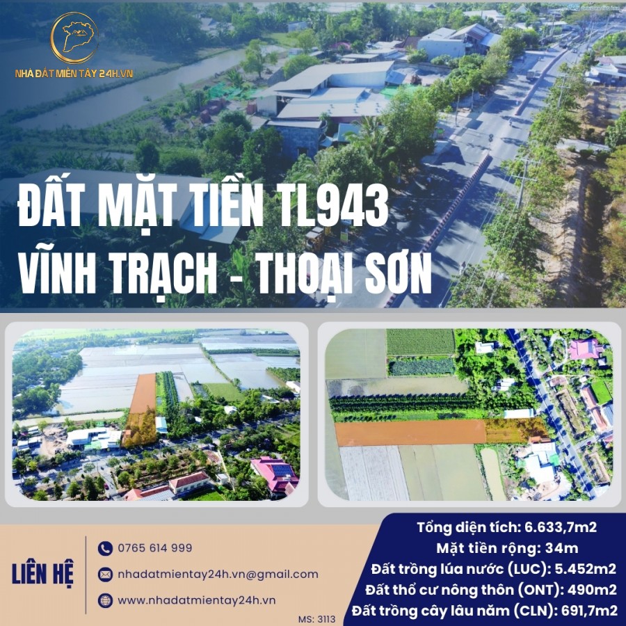 🌟 ĐẤT VÀNG MẶT TIỀN TL943 - CƠ HỘI ĐẦU TƯ ĐỈNH CAO TẠI VĨNH TRẠCH, THOẠI SƠN, AN GIANG (MS: 3113) 🌟